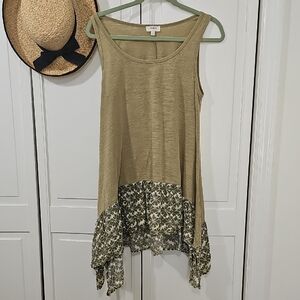 Umgee Olive Green Tank with Floral Handkerchief Hem